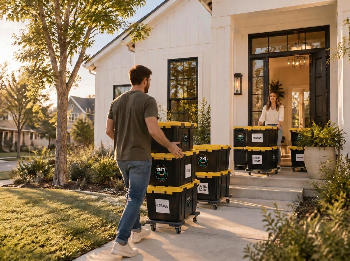 A couple carrying black moving crates with yellow lids into a new home in Morrison Ranch, Gilbert