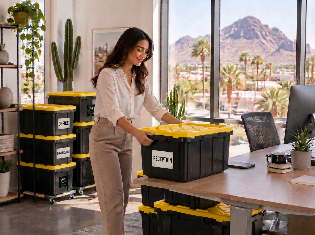 Labeled black moving crates with yellow lids stacked in a modern Old Town Scottsdale office